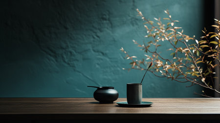 a minimalistic japanese-style door on a hemp table is captured next to a window in this photograph. the black and cyan color scheme creates a whimsical ambiance, while the sparse and simple composition adds a subtle charm. the image, taken by an interior design photographer using a canon eos r5, showcases a lot of detail in the objects. with a touch of film grain andの素材