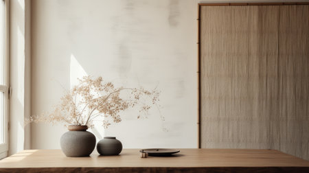a minimalistic japanese-style door on a hemp table is positioned next to a window. the black and alabaster color scheme creates a sparse and simple yet whimsical ambiance. this minimalist still life captures the subtle and whimsical folk-inspired elements. the photograph, taken by an interior design photographer using a canon eos r5, showcases a lot of detail in the objects. with a touch of filmの素材