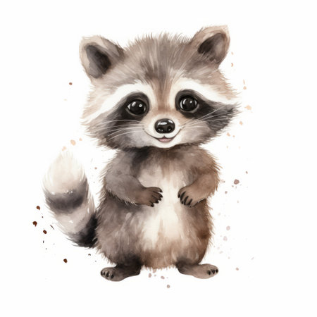 a cute raccoon is depicted in this simple watercolor illustration. the raccoon is shown in full body, with a happy expression on its face. the illustration is handmade and features a white background, adding to its simplicity and charm. ai generatedの素材