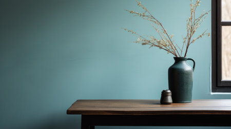 a minimalistic japanese-style door on a hemp table is captured next to a window in this photograph. the composition features a whimsical ambiance with a sparse and simple design. the black and cyan color scheme adds a subtle and folk-inspired touch. taken by an interior design photographer using a canon eos r5, the image showcases a lot of detail in the objects. the film grainの素材
