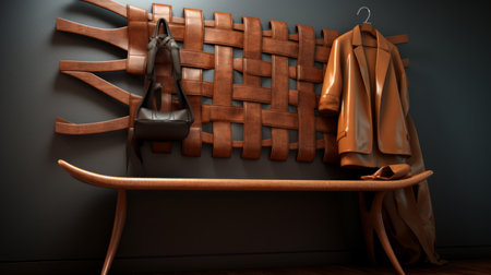 coat rack featuring leather weaving elements, crafted with octane render for a sleek, sophisticated finish. this hyperrealistic design showcases intricate textures for a high-detail look. isolated against a white backdrop, the 16k resolution enhances every aspect of this elegant piece. ai generatedの素材
