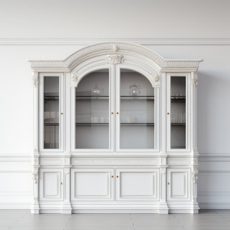 a hutch from meroni & colzani displayed against a solid white backdrop, showcasing its precise height and ultra-realistic design. this ux design piece is a testament to virtual engineering with high contrast and intricate details. the 16k resolution highlights every aspect of this stunning furniture. ai generatedの素材