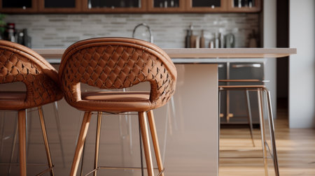 a kitchen island with weaving leather elements, designed using octane render, showcases a clean and elegant look. the hyperrealistic final result boasts detailed textures, while the chair, isolated on a white background, exhibits high detail with a remarkable 16k resolution. ai generatedの素材