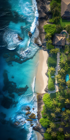 aerial view of a beautiful beach captured in stunning garden photography. this breathtaking wallpaper showcases the skillful work of peter yan, jay daley, and dustin lefevre. the hdr technique and 8k resolution bring out the intricate details, creating a photorealistic masterpiece. prepare to be captivated by this award-winning photography. ai generatedの素材