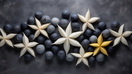 carambola fruit displayed in a minimalist set-up against a sleek polished concrete background, blending light gray and navy hues for a contemporary aesthetic. fresh fruit concept featuring star fruit with a modern twist in a stylish monochromatic arrangement. ai generatedの素材