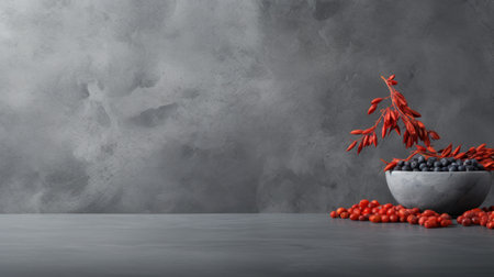 goji berry minimalist style arrangement on polished concrete backdrop includes light gray and navy colors. organic berries modern decor composition. fresh superfood presentation. grey and navy color scheme with vibrant red berries. minimalist food styling on concrete. health superfood concept in simple design setting. ai generatedの素材