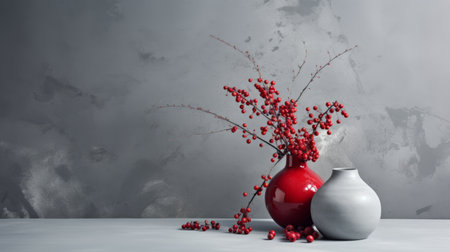 redcurrant on a polished concrete backdrop with minimalist gray and navy tones. fresh redcurrant berries arranged in a stylish composition. bright red berries contrast beautifully against the cool gray and navy hues, creating a striking visual impact. ai generatedの素材