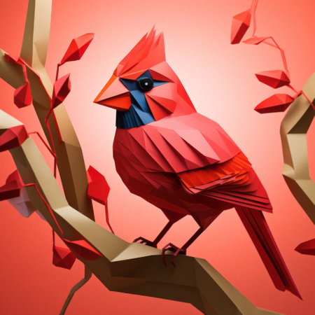 cardinal paper craft featuring a polygon design perched on a tree branch, adds a charming touch to your wall decor. the simple yet eye-catching design captures the essence of nature's beauty. ai generatedの素材