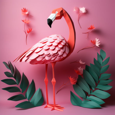 flamingo paper craft with a polygon design perched on a tree branch against a wall. this simple yet eye-catching creation will bring life to any room. keywords: flamingo, paper craft, polygon, tree branch, wall. ai generatedの素材
