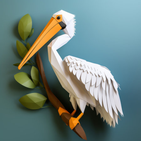 pelican paper craft, polygon design, perched on a tree branch against a wall. unique geometric style, easy-to-follow instructions for a striking final piece. ideal for craft enthusiasts looking for a fun and engaging project. create a visually appealing decor piece with this innovative and creative pelican design. ai generatedの素材