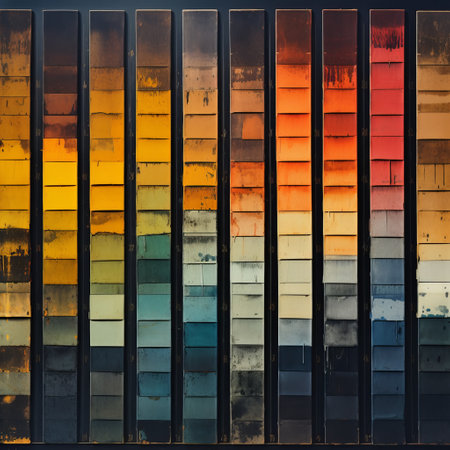 calligraphy panels in various colors are displayed in rows, showcasing wet plate negatives, monochromatic palettes, acrylic washes, unconventional materials, and chiaroscuro effects. the artistic style includes instax and soft tonal transitions, creating a visually striking composition. ai generatedの素材