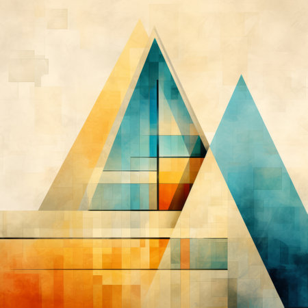 a digital watercolor depiction of architecture showcases symbolism, minimalist style, and mid-century influences. the artwork features various textures and shapes, while adhering to a balanced and symmetrical composition. the color palette consists of earthy tones such as brown, gold, tan, complemented by pops of orange and teal. ai generatedの素材