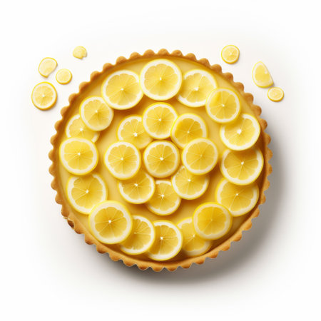 tart au citron and coffee are placed in an uneven row on a white background, captured from a top view. the image is light and airy, highlighting the delicate texture of the pastries. satisfy your sweet cravings with this delicious dessert. keywords: tart au citron, coffee, top view, white background, light, airy, pastries, dessert. ai generatedの素材