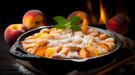 peach cobbler, dusted with powdered sugar, is showcased against a radiant backlight, highlighting its caramelized sweetness and irresistible appeal. enjoy the succulent fruit and buttery crust in this tempting dessert image. ai generatedの素材