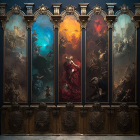 baroque revival panels in various colors and styles are displayed in rows, resembling wet plate negatives. the design features monochromatic color palettes, acrylic washes, and unconventional materials. the dark chiaroscuro palette, instax inspiration, and soft tonal transitions add depth to the composition. ai generatedの素材