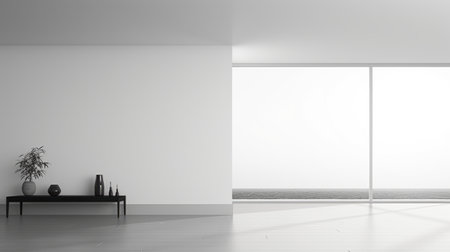 the minimalist interior captured in this black and white photograph showcases a spacious room with sleek furniture, clean lines, and abundant natural light filtering through expansive windows, creating a tranquil and serene atmosphere. ai generatedの素材