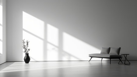 minimalist interior with sleek furniture, clean lines, and large windows yielding ample natural light create a serene ambiance in this black and white photograph. the spacious room exudes calm and tranquility, making it the perfect retreat for relaxation. keywords: minimalist, interior design, sleek furniture, natural light, spacious room. ai generatedの素材