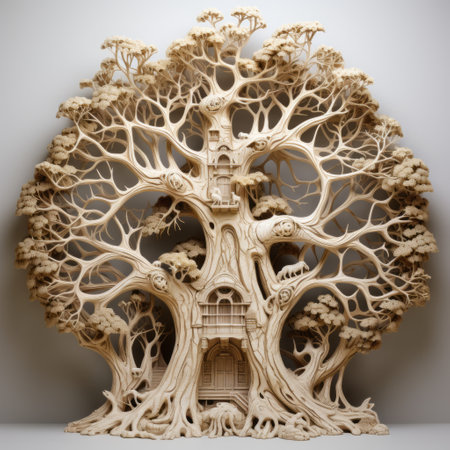an architectural tree carving displayed against a clean white background, showcasing intricate details and craftsmanship. ai generatedの素材