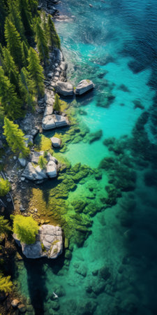 this aerial view photo captures a serene lake with a stunning beach, photographed by talented artists peter yan, jay daley, and dustin lefevre. the high-definition image in hdr with photorealistic details is perfect for wallpaper. this award-winning 8k photography is a true masterpiece. ai generatedの素材