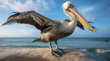 a stunning image capturing the lifelike essence of a pelican in action, as it gracefully ascends with one paw extended, showcasing its magnificent backside. this ultra-realistic photograph beautifully portrays the pelican's elegance and agility, making it a captivating sight to behold. ai generatedの素材