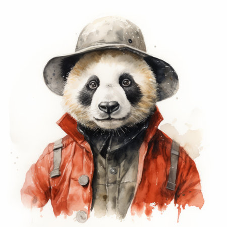 a watercolor painting of a panda wearing a hat, set against a clean white background. panda, watercolor, hat, white background. ai generatedの素材