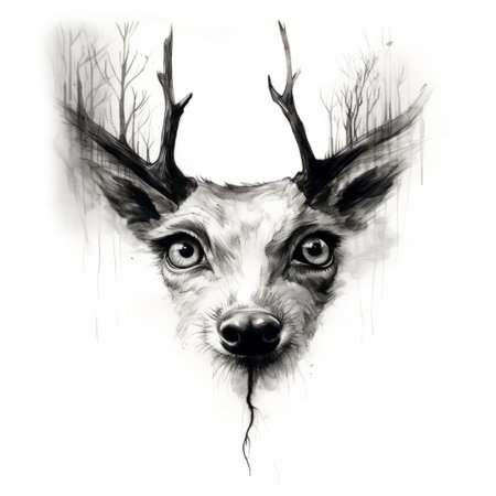 the deer's eye is captured in a stunning monochrome sketch, showcasing intricate details through an ink illustration. the simplicity of the artwork adds to the overall charm, making it a captivating piece. ai generatedの素材