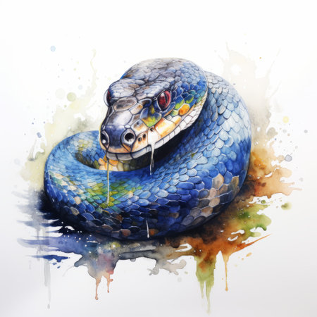 snake on white background watercolor painting. this stunning artwork captures the beauty and intricacy of a snake in a mesmerizing watercolor technique. the white background enhances the vibrant colors and details of the snake, creating a captivating visual experience. perfect for nature enthusiasts and art lovers alike, this painting showcases the artist's skill and creativity. ai generatedの素材