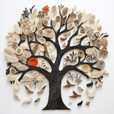 a collage tree with intricate carving displayed against a clean white background. ai generatedの素材