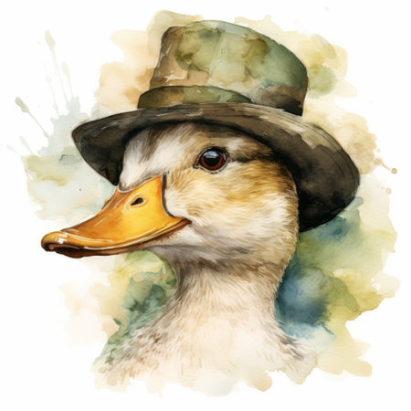 a watercolor painting of a duck wearing a hat, set against a clean white background. ai generatedの素材