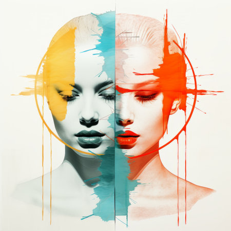 symmetrical modern art by lady gaga and lady gaga, a hand-painted experimental piece featuring vibrant contemporary colors. the artwork showcases a minimal x-ray effect and incorporates elements of nordic graphic design. detailed by goya contemporary, it exhibits a slightly distressed design reminiscent of classic etching art, with a palette inspired by nordic colors. ai generatedの素材