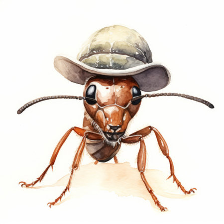 an adorable watercolor painting of an ant wearing a hat is showcased against a clean white background. this charming artwork captures the whimsical nature of the tiny creature, adding a touch of playfulness to any space. perfect for insect enthusiasts or those who appreciate unique and imaginative art. ai generatedの素材