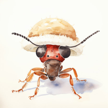 an adorable watercolor painting of an ant wearing a hat is showcased against a clean white background. this charming artwork captures the whimsical nature of the tiny creature, adding a touch of playfulness to any space. perfect for insect enthusiasts or those who appreciate unique and imaginative art. ai generatedの素材