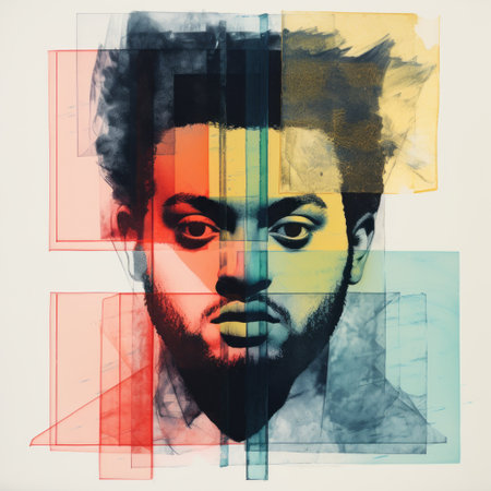 symmetrical modern art by the weeknd and the weeknd, hand-painted with experimental and colorful contemporary elements. the artwork features a minimal x-ray effect and draws inspiration from nordic graphic design. detailed with goya contemporary influences and slightly distressed design elements, it resembles a classic etching art piece. the use of nordic colors adds to its overall aesthetic. ai generatedの素材