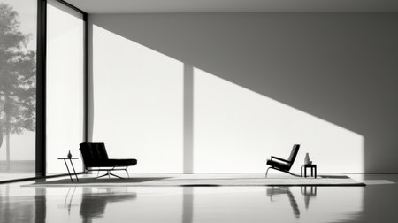 this black and white photo captures a minimalist interior design with sleek furniture and clean lines in a spacious room flooded with natural light from large windows, creating a serene and tranquil atmosphere. the absence of clutter enhances the sense of peace and simplicity in this elegant space. ai generatedの素材