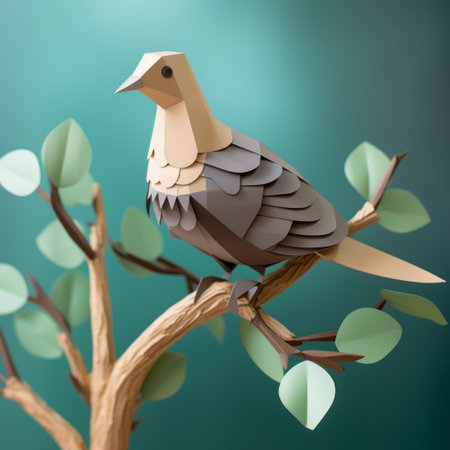 mourning dove paper craft with polygon design perched on tree branch against wall. simple and eye-catching polygon design of a mourning dove, delicately crafted from paper, elegantly perches on a tree branch set against a wall. ai generatedの素材
