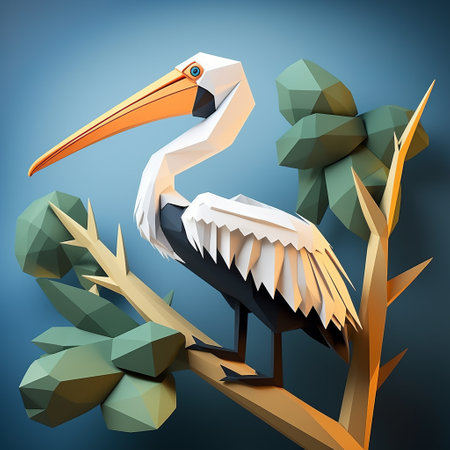 a polygonal pelican paper craft perched gracefully on a tree branch pops against a wall. simplistic yet captivating, this intricate design captures the beauty of nature in geometric shapes. experience the joy of crafting as you bring this unique avian creation to life. perfect for nature enthusiasts and art lovers alike, this pelican paper craft will lend a touch of elegance to any space. aiの素材