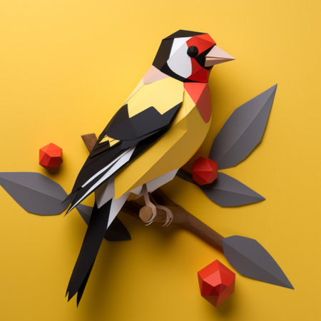 a polygon-designed goldfinch paper craft perched on a tree branch, displayed against a wall. crafted with simplicity and eye-catching aesthetics. ai generatedの素材