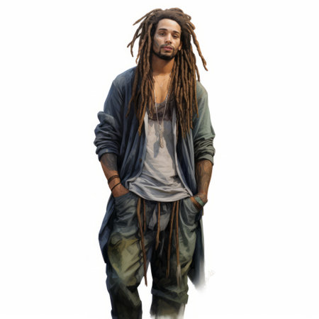 male with dreadlocks captured in a realistic 2d oil painting. the artwork features a full-body depiction of a handsome man against a plain white backdrop, showcasing intricate details and vibrant colors. ai generatedの素材