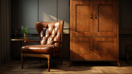 chifforobe featuring weaving leather elements, designed with octane render for a sleek aesthetic. the hyperrealistic chair showcases intricate textures, isolated on a white backdrop in stunning 16k resolution. ai generatedの素材