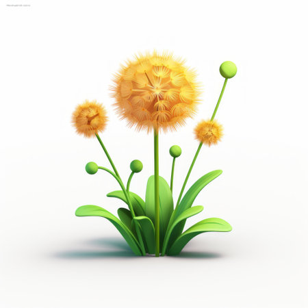 a 3d icon of a dandelion made from clay material, featuring a cartoon-like design. the dandelion is smooth and shiny, with a nintendo-inspired aesthetic. the isometric perspective and spot light enhance the details of this high-resolution, hd 3d rendering. the dandelion is presented on a white isolated background for a clean and focused look. ai generatedの素材