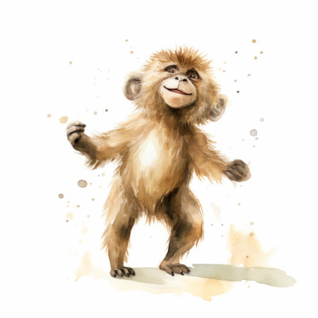 a cute baboon is depicted in this simple watercolor illustration. the baboon is shown in full body, with a happy expression on its face. the illustration is handmade and features a white background, adding to its simplicity and charm. ai generatedの素材