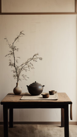 a minimalistic japanese-style door on a hemp table is placed next to a window. this black and bistre still life creates a whimsical ambiance with its sparse and simple design. the folk-inspired elements add a subtle and whimsical touch. photographed by an interior design photographer, this image captures a lot of detail in the objects. shot with a canon eos r5, it has a veryの素材