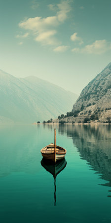 a serene mediterranean lake scene with a boat gently floating on calm waters, surrounded by majestic mountains. the desert landscape adds a unique touch to the tranquil ambiance. the photo showcases a soothing color palette of dark green, aquamarine, dark turquoise, and light brown, creating a calming and introspective aesthetic. the swiss style composition and webcam-like photography enhance the picturesque feel, reminiscent of a beautifulの素材