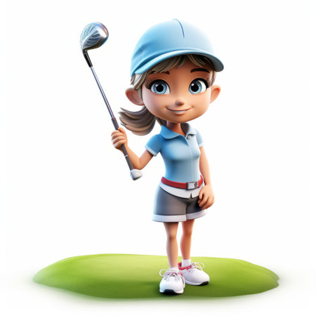 charlotte, a 3d character, is seen playing golf in this photo. she is isolated on a white background, allowing her to stand out. the image captures her in action, showcasing her golfing skills. this dynamic and engaging picture is perfect for golf enthusiasts and those interested in 3d graphics. ai generatedの素材