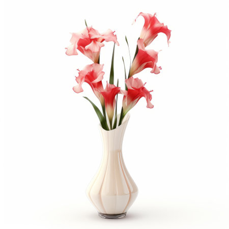 a decorative vase with gladiolus flowers, isolated on a white background. this stunning arrangement adds a touch of elegance and beauty to any space. the vibrant colors of the gladiolus petals stand out against the clean white backdrop, creating a visually striking image. perfect for adding a pop of color to your home or office decor. ai generatedの素材
