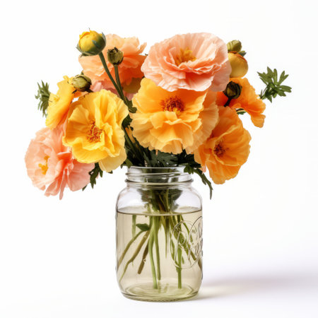 mason jar vase with flowers, isolated on a white background. perfect for adding a touch of rustic charm to any space. this versatile vase can be filled with your favorite blooms or used as a decorative accent. ideal for weddings, parties, or as a centerpiece. ai generatedの素材