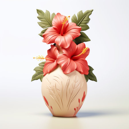 terracotta vase with hibiscus - a simple terracotta vase featuring a vibrant hibiscus flower, beautifully isolated on a white background. this stunning combination of earthy tones and vivid colors adds a touch of natural elegance to any space. perfect for adding a pop of color and a touch of nature to your home decor. ai generatedの素材