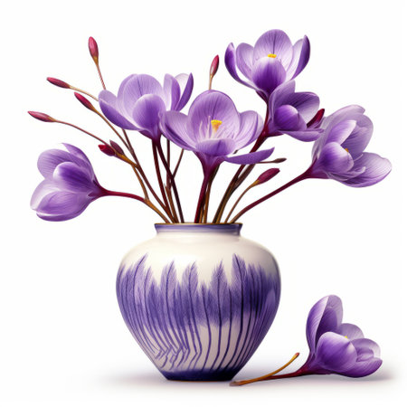 an asian vase with a beautiful arrangement of crocus flowers, captured in a stunning photograph. the vase stands out against a clean white background, allowing the vibrant colors of the crocus to shine. this image showcases the elegance and simplicity of the asian vase, while highlighting the delicate beauty of the crocus flowers. ai generatedの素材