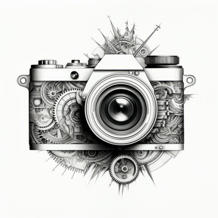 a camera, showcasing algorithmic art, is captured in this photo. the camera is placed against a clean white background, emphasizing its presence. the combination of the camera and algorithmic art creates a visually intriguing composition. ai generatedの素材