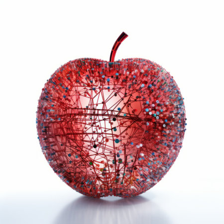 an apple, a piece of algorithmic art, is captured in this photo against a clean white background. the image showcases the intricate patterns and shapes created by the algorithm, resulting in a visually captivating composition. ai generatedの素材